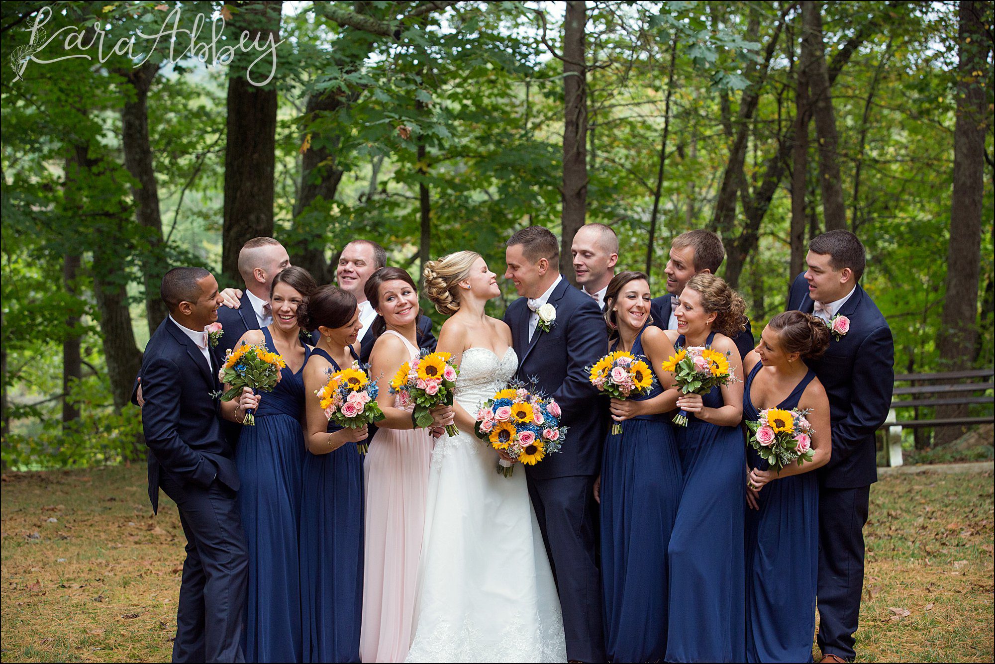 Navy Fall Wedding Bridal Party Portrait with Sunflower Bouquets