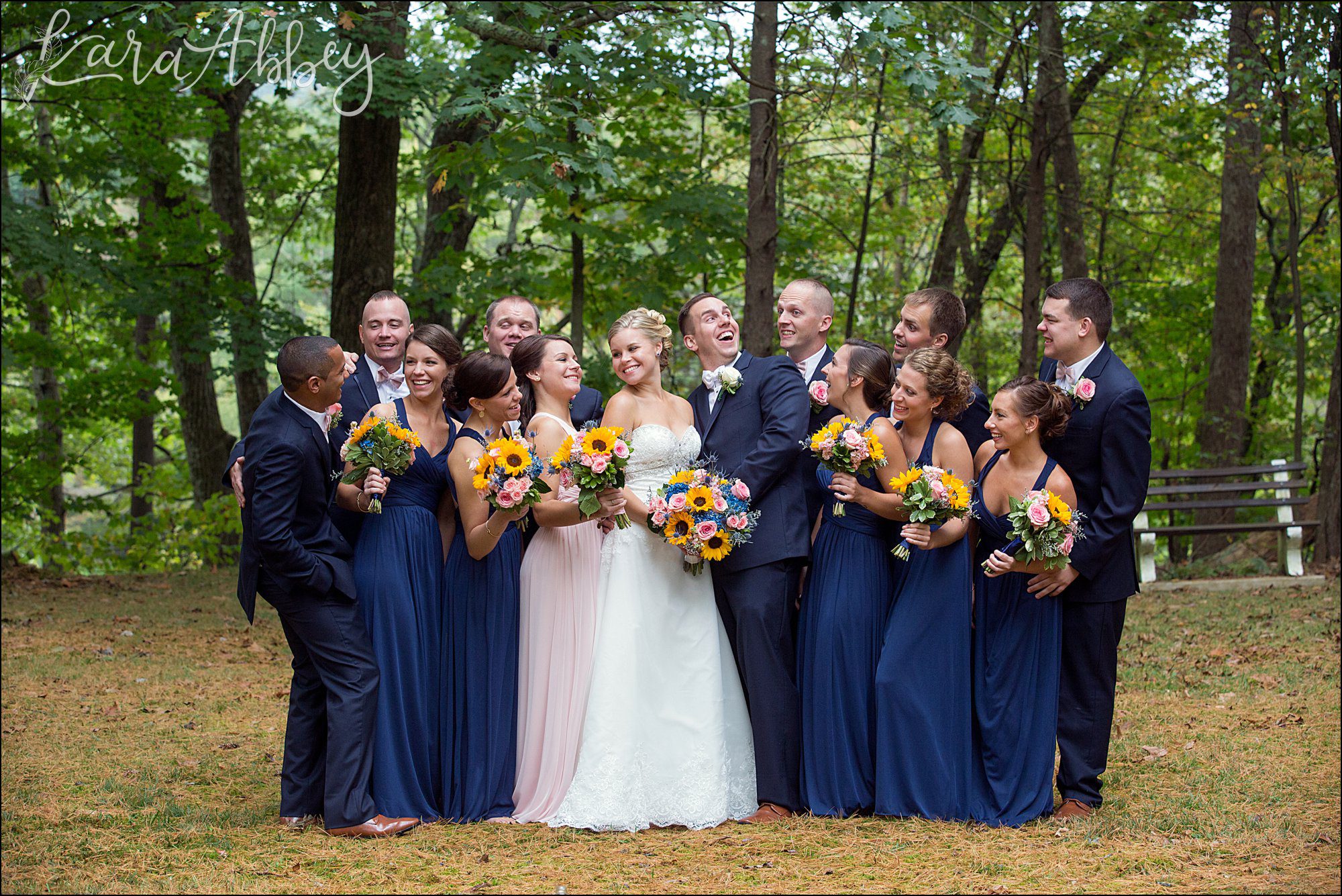 Navy Fall Wedding Bridal Party Portrait with Sunflower Bouquets