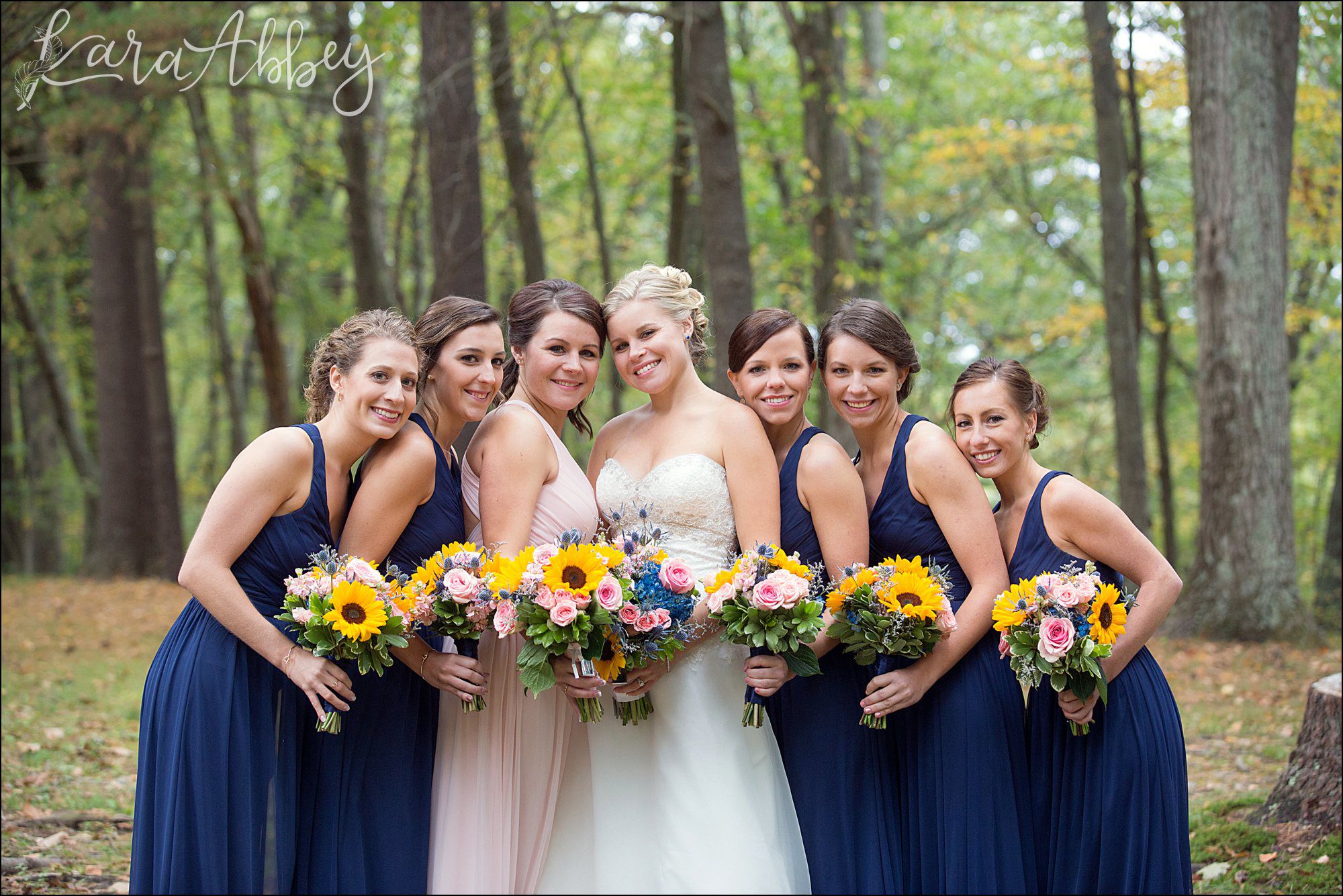 Navy Fall Wedding Bridesmaid Portrait with Sunflower Bouquets