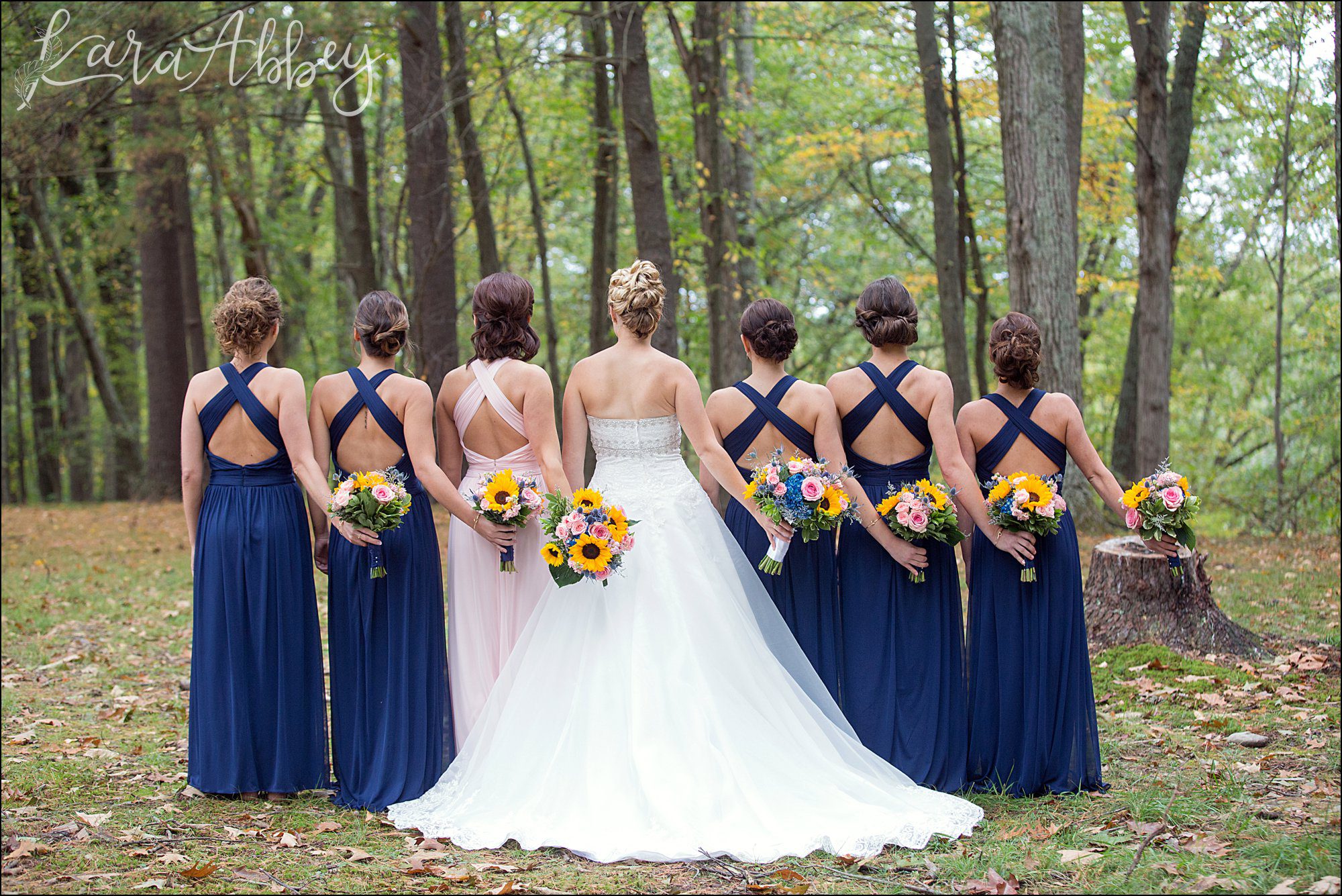 Navy Fall Wedding Bridesmaid Portrait with Sunflower Bouquets