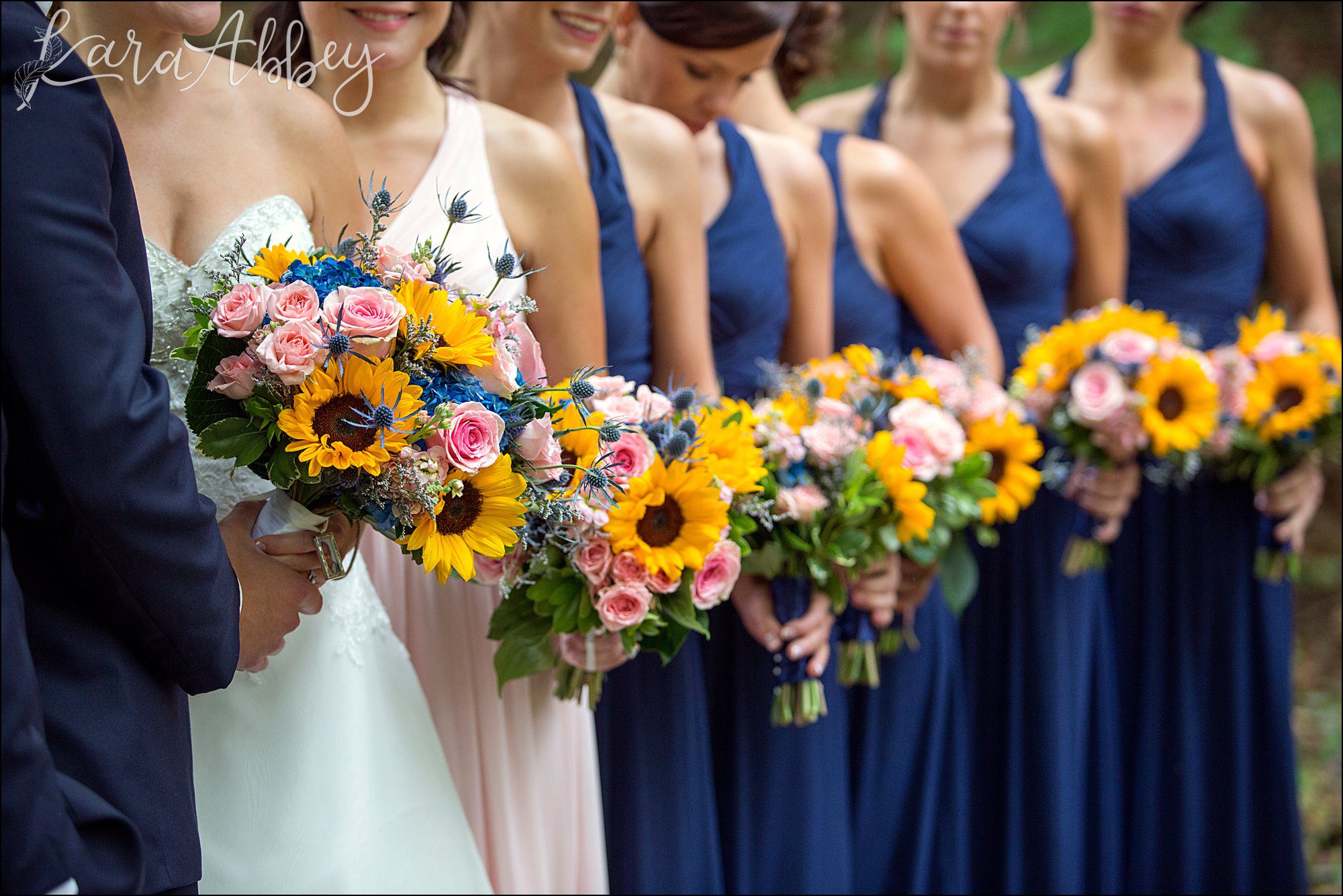 Navy Fall Wedding Bridal Party Portrait with Sunflower Bouquets
