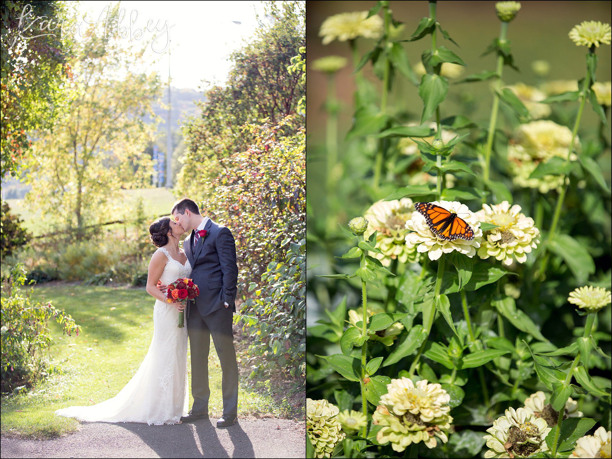 Golden Hour Fall Wedding Bride & Groom Portrait, Burgundy & Orange Bouquet