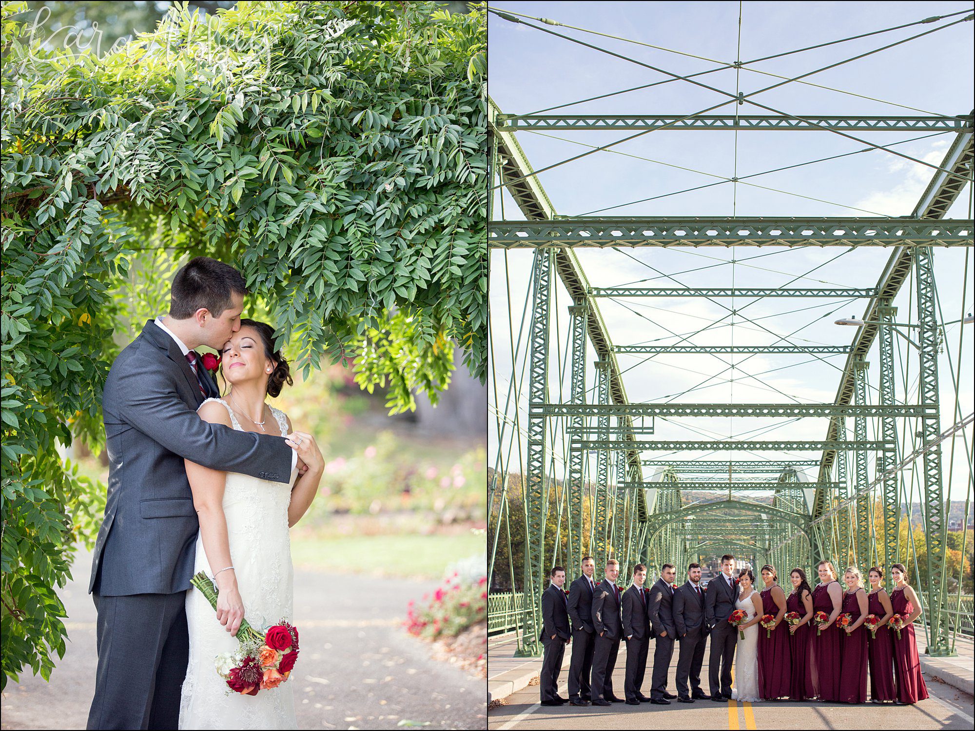 Golden Hour Fall Wedding Bride & Groom Portrait, Burgundy & Orange Bouquet