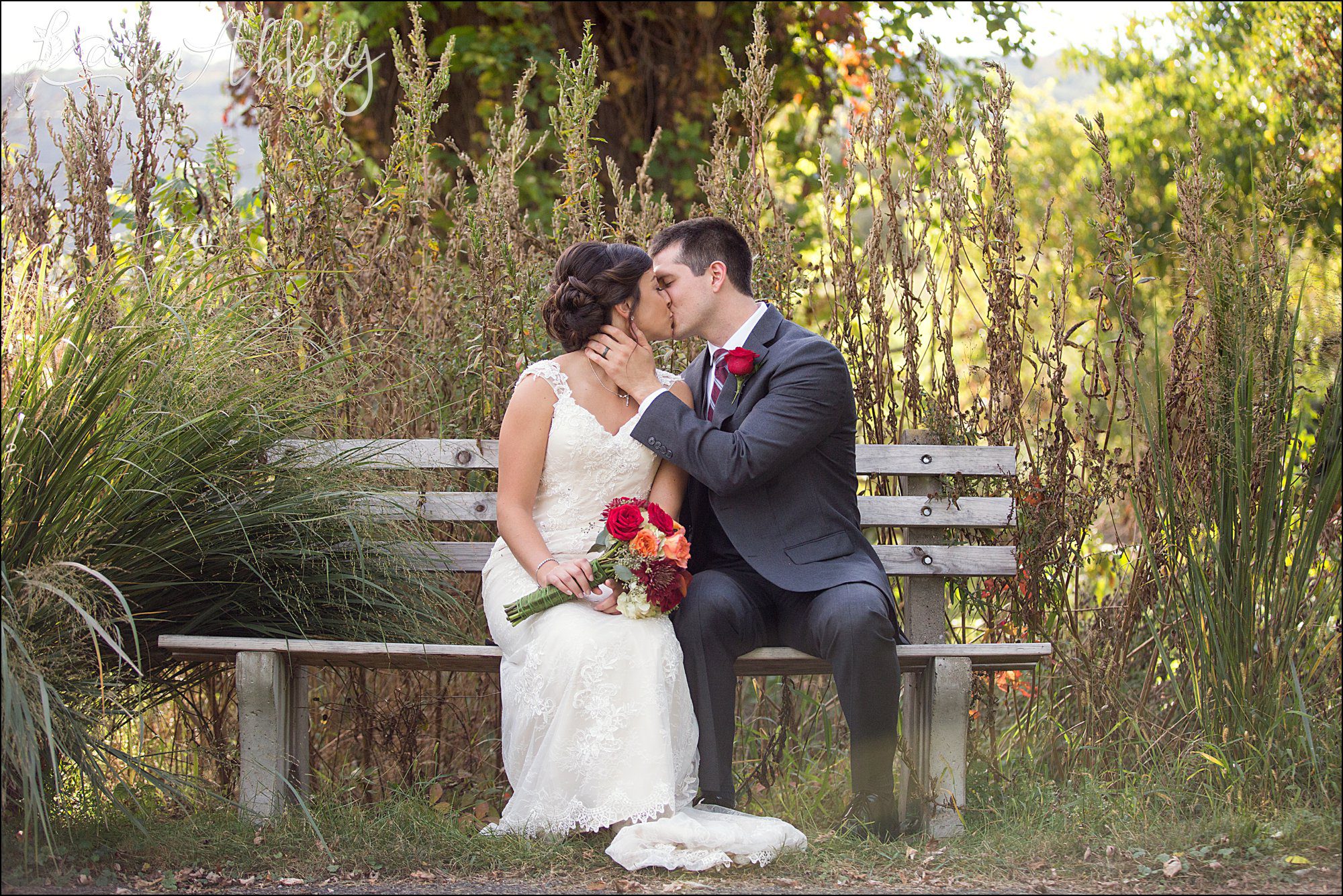 Golden Hour Fall Wedding Bride & Groom Portrait, Burgundy & Orange Bouquet