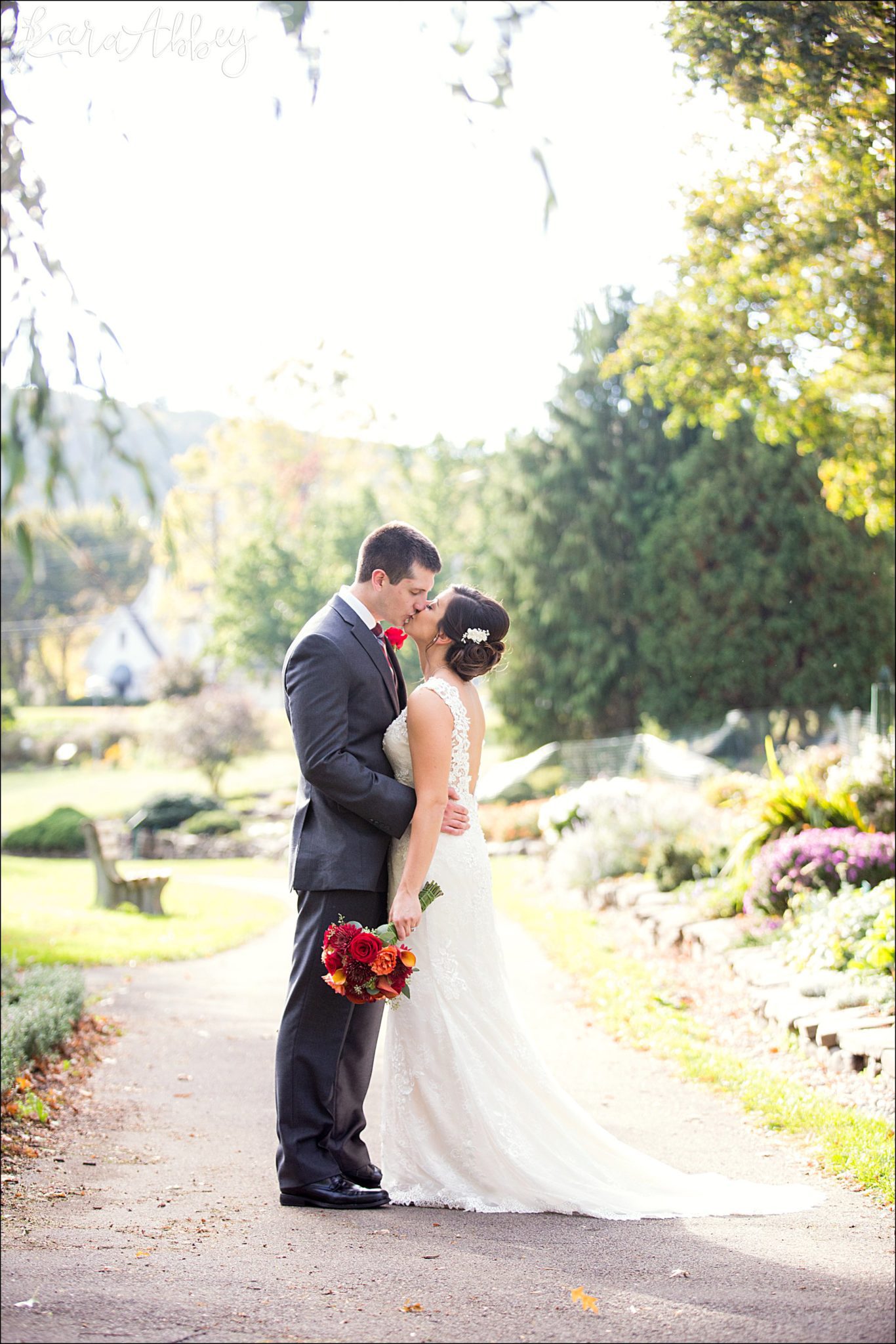 Golden Hour Fall Wedding Bride & Groom Portrait, Burgundy & Orange Bouquet