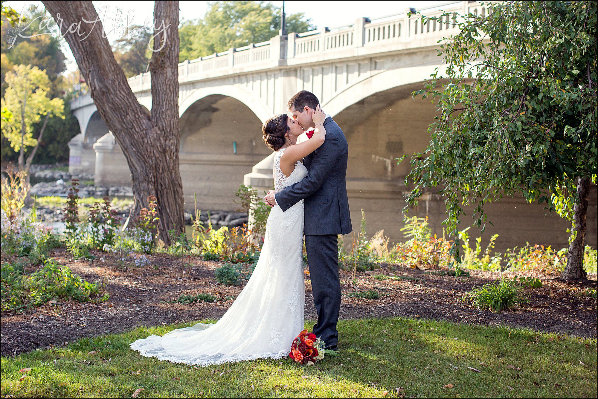 Golden Hour Fall Wedding Bride & Groom Portrait, Burgundy & Orange Bouquet