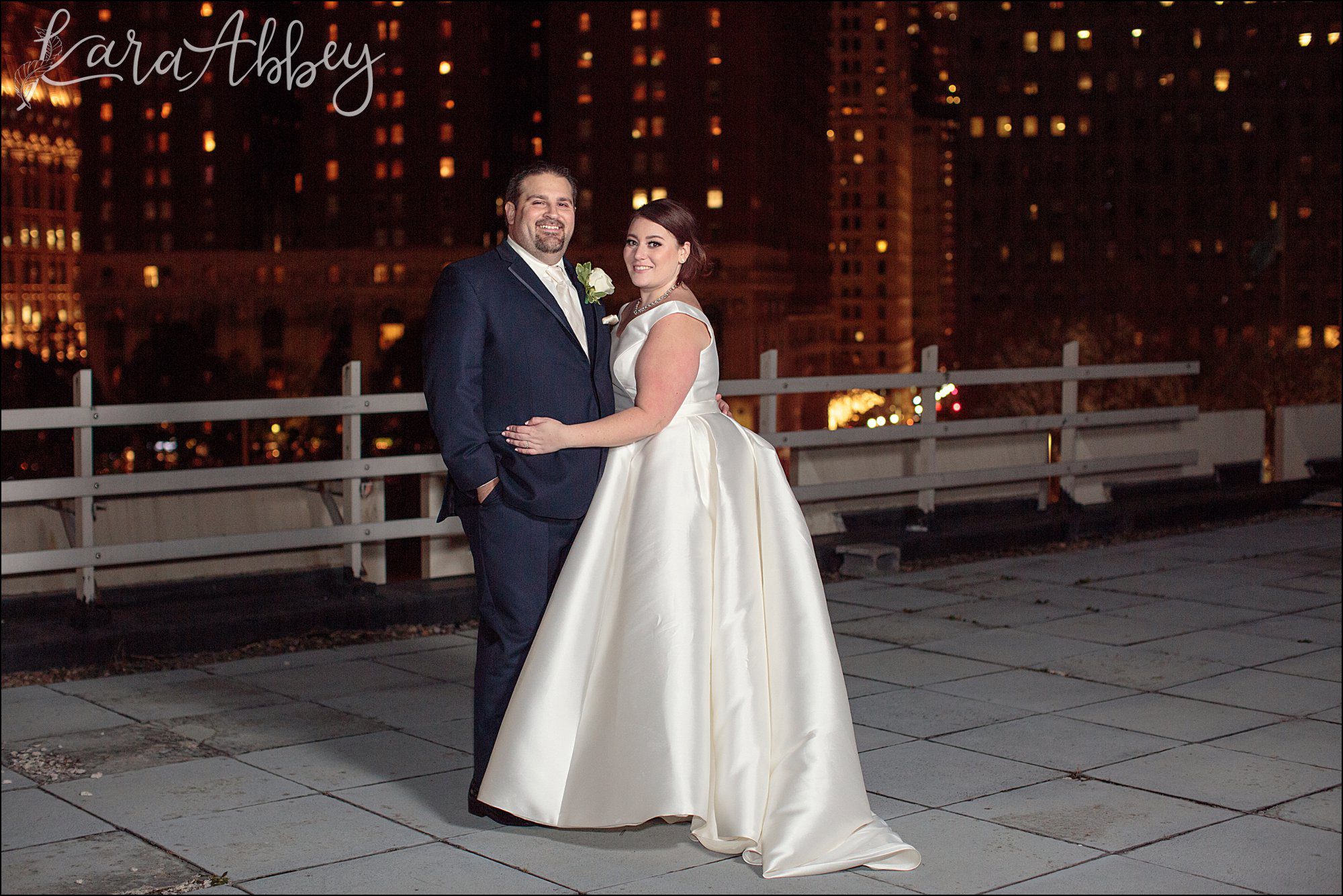 Winter Night Wedding Portraits on the Rooftop of the DoubleTree Hotel in Downtown Pittsburgh, PA