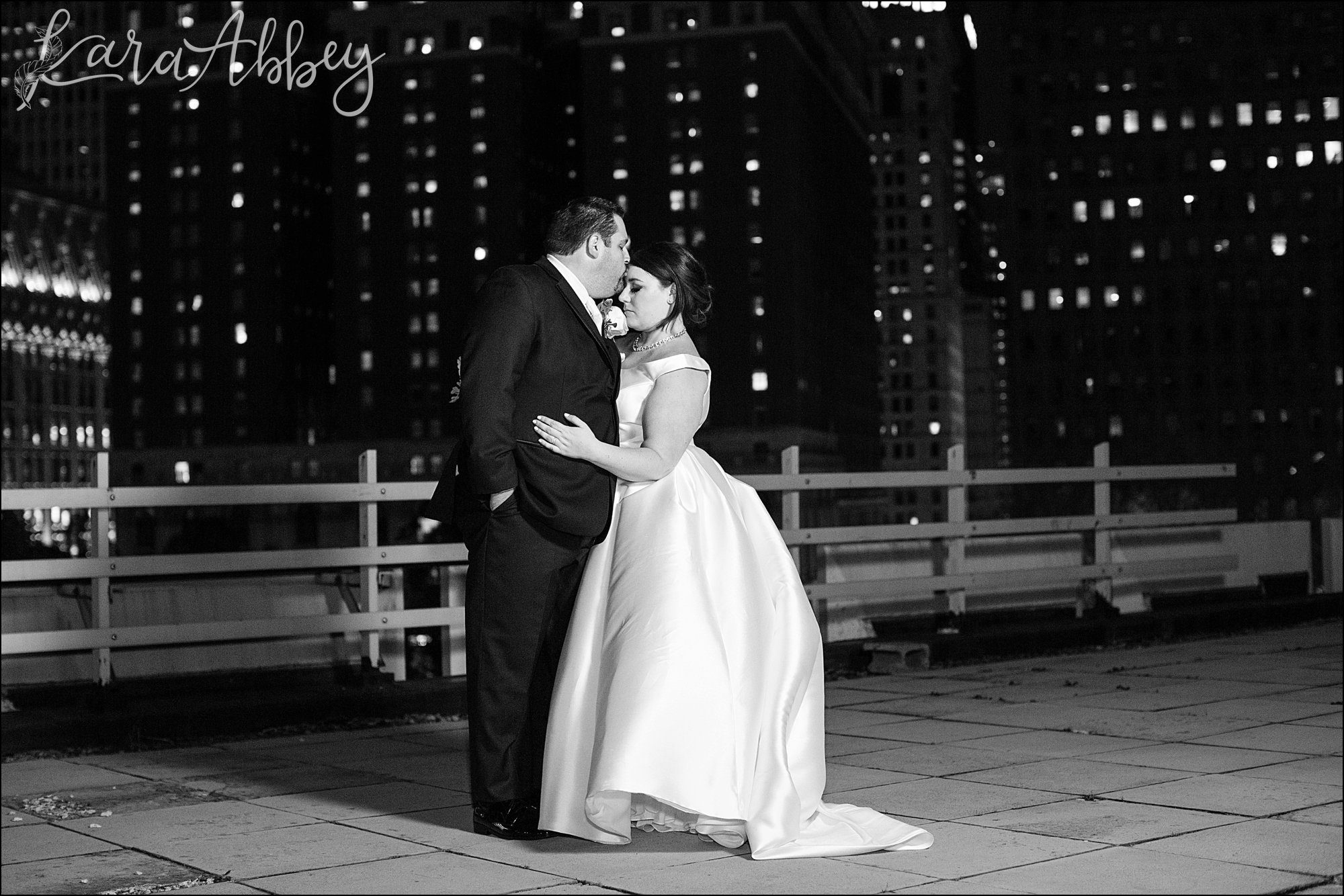 Winter Night Wedding Portraits on the Rooftop of the DoubleTree Hotel in Downtown Pittsburgh, PA