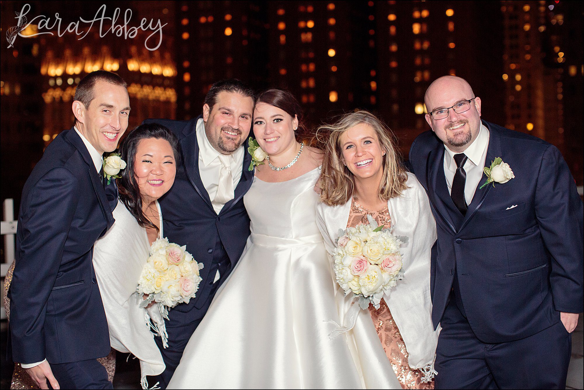 Winter Night Wedding Portraits on the Rooftop of the DoubleTree Hotel in Downtown Pittsburgh, PA