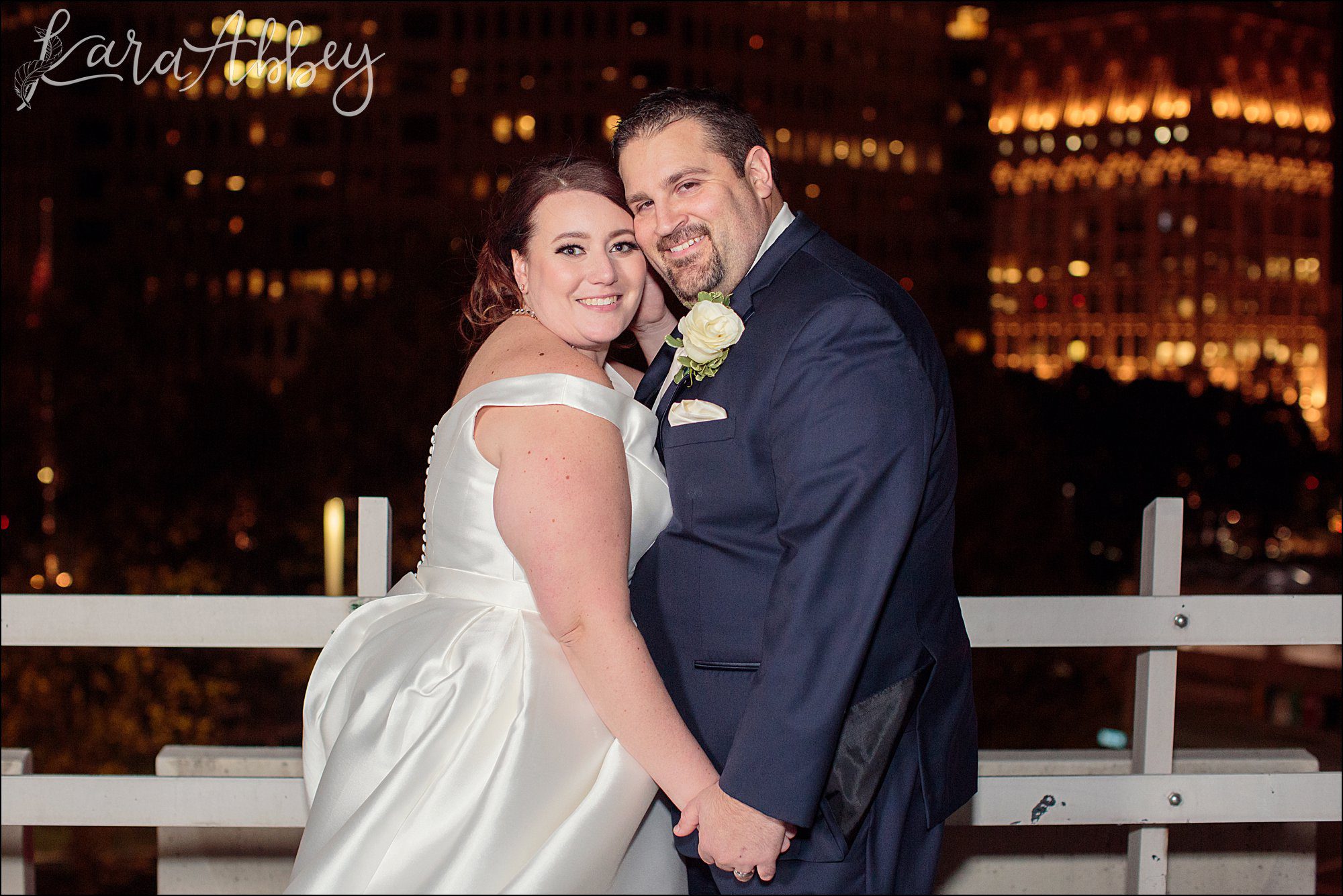 Winter Night Wedding Portraits on the Rooftop of the DoubleTree Hotel in Downtown Pittsburgh, PA