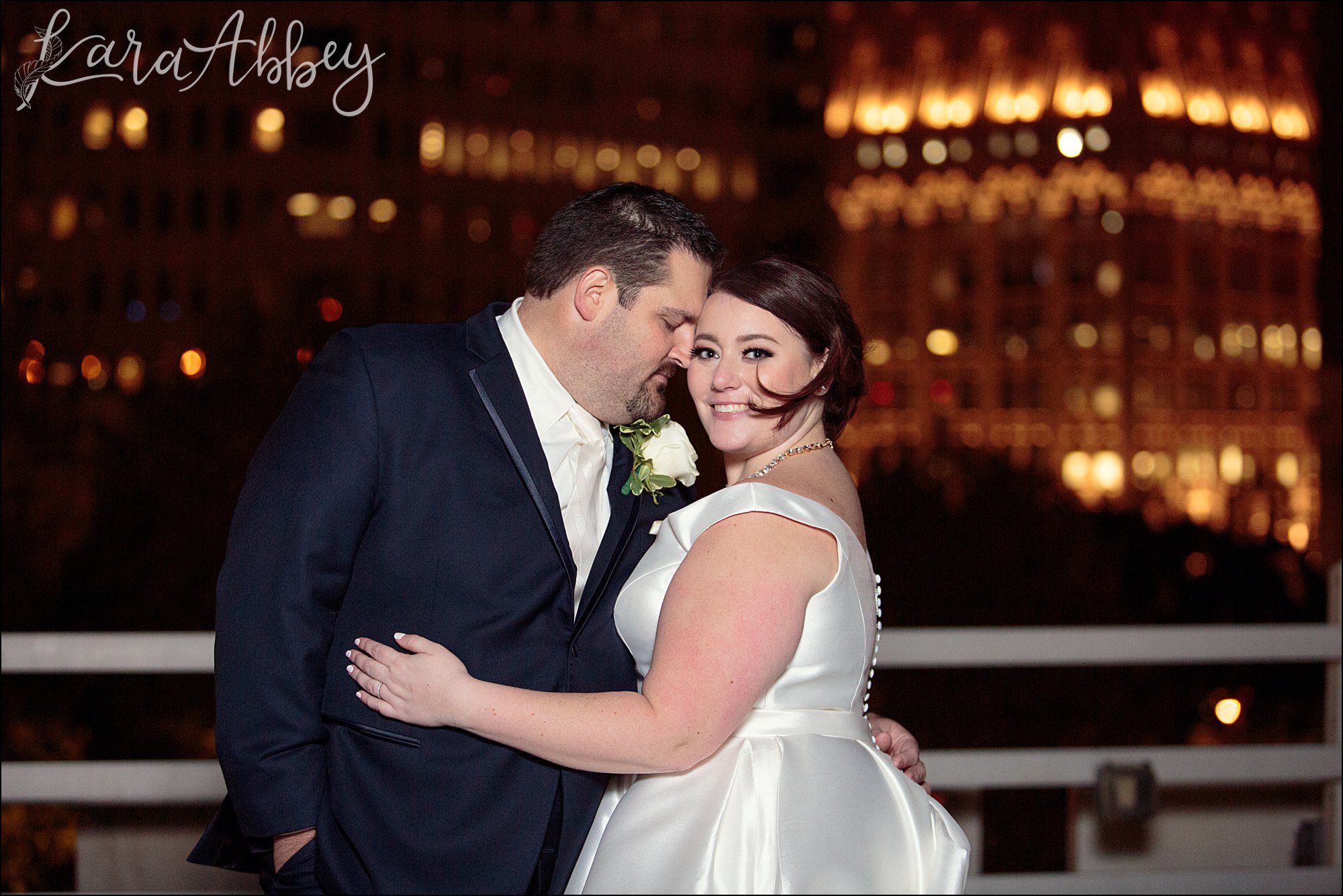 Winter Night Wedding Portraits on the Rooftop of the DoubleTree Hotel in Downtown Pittsburgh, PA