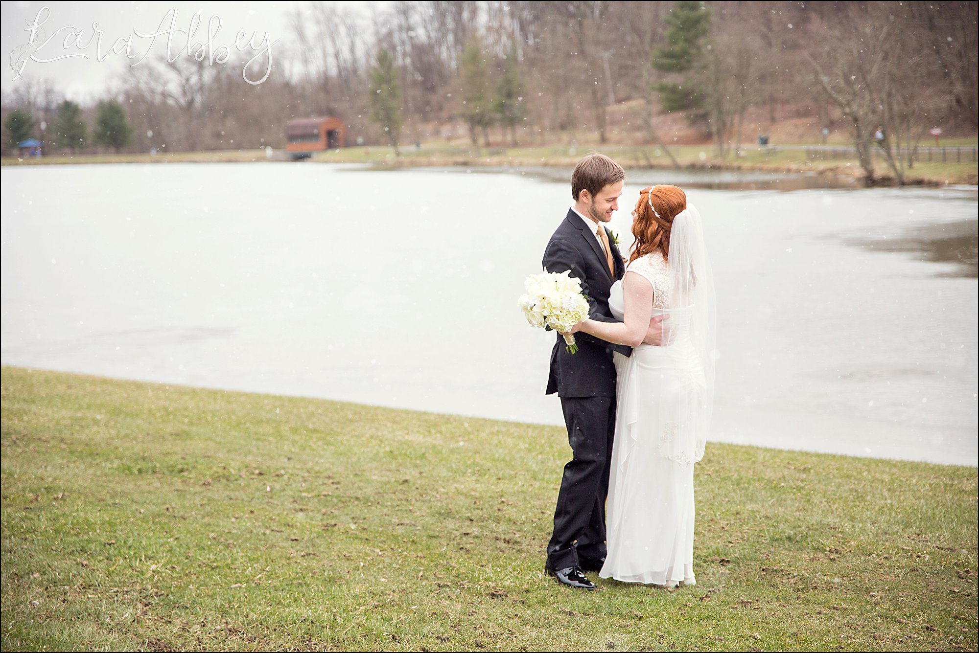 St. Patrick's Day Winter Wedding - First Look at Indian Lake Park in North Huntingdon, PA