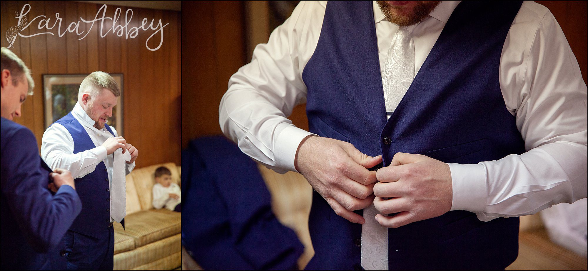 Groom getting ready for wedding ceremony: navy vest