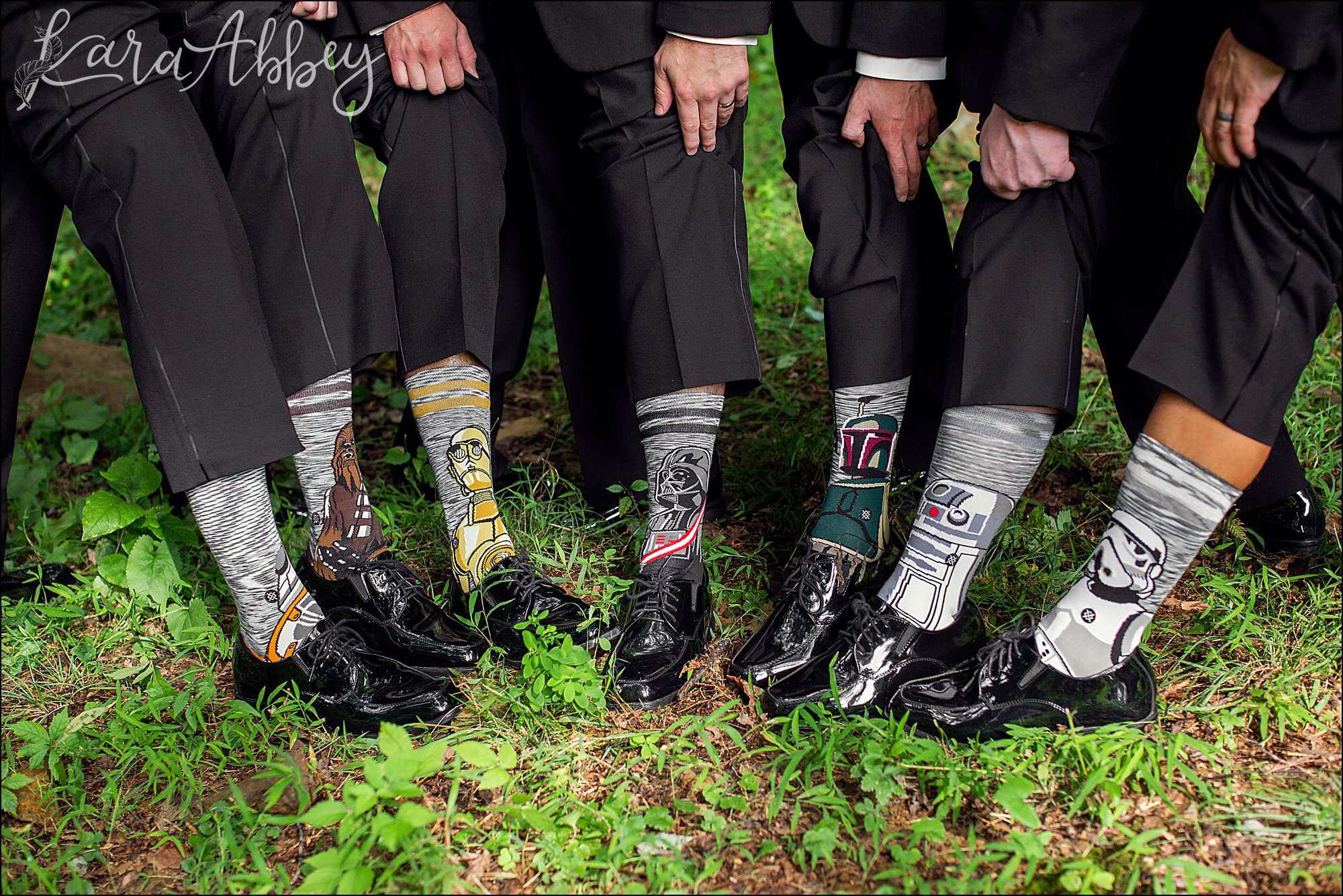 Rich Summer Wedding Portraits at Laurelville Christian Retreat Center in Mt. Pleasant, PA - Groomsmen Star Wars Socks