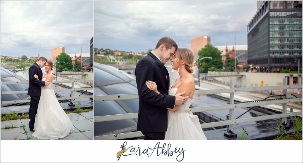 Downtown Pittsburgh Pastel Spring Wedding Day Highlights - Rooftop Portraits at DoubleTree by Hilton Hotel