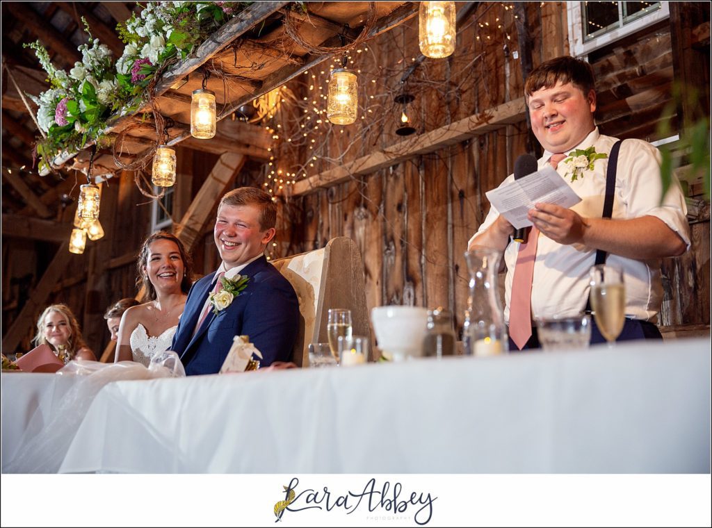 Navy and Pink Summer Outdoor Wedding at the Hayloft in Rockwood, PA Reception in the Barn Toasts