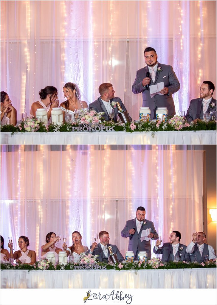 Blush & Grey Summer Wedding Reception at Antonelli Event Center in Irwin, PA Toasts