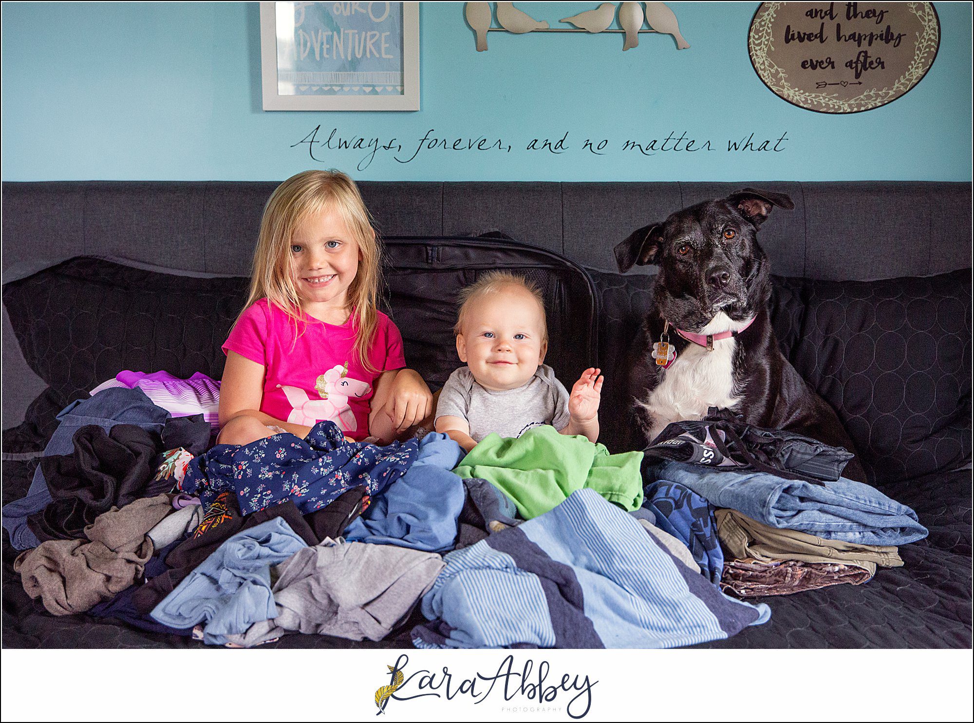 Abbys Saturday Black Lab and Kids in Suitcase