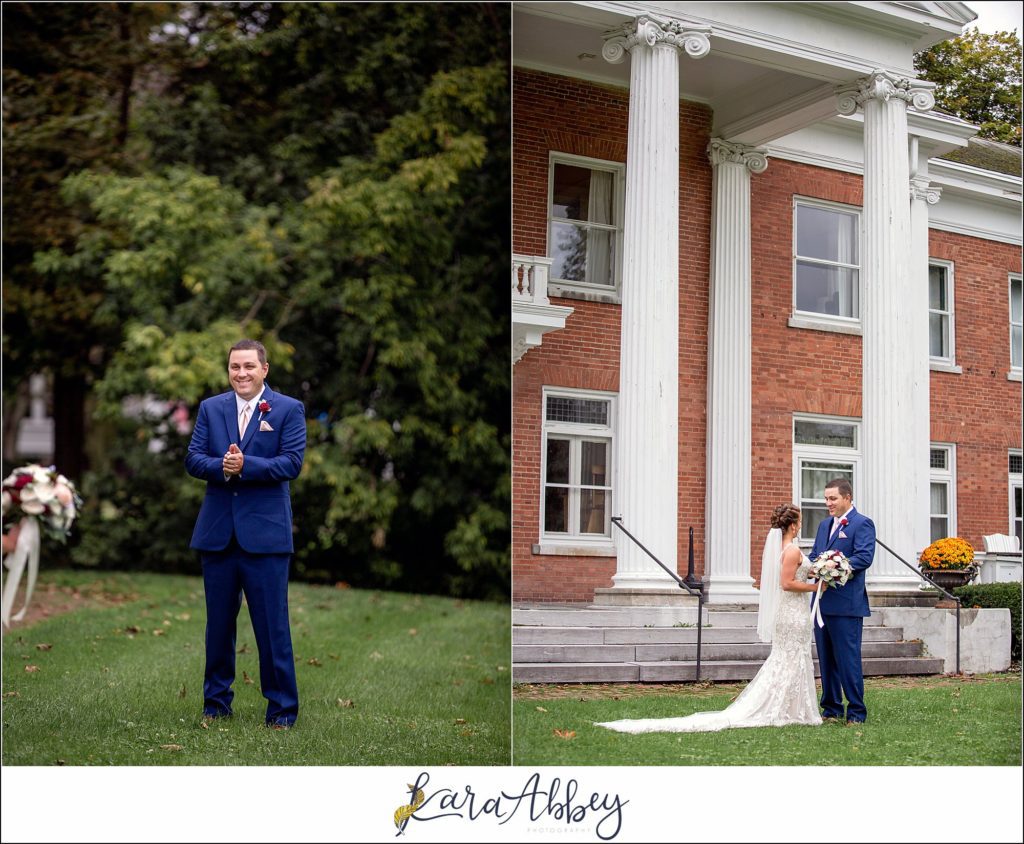 Maroon & Navy Fall Wedding at the Belhurst Castle in Geneva NY - First Look at White Springs Manor