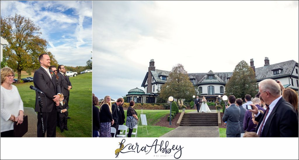 Maroon Fairy Tail Fall Wedding at Linden Hall Mansion in Dawson, PA - Outdoor Ceremony on the Lawn
