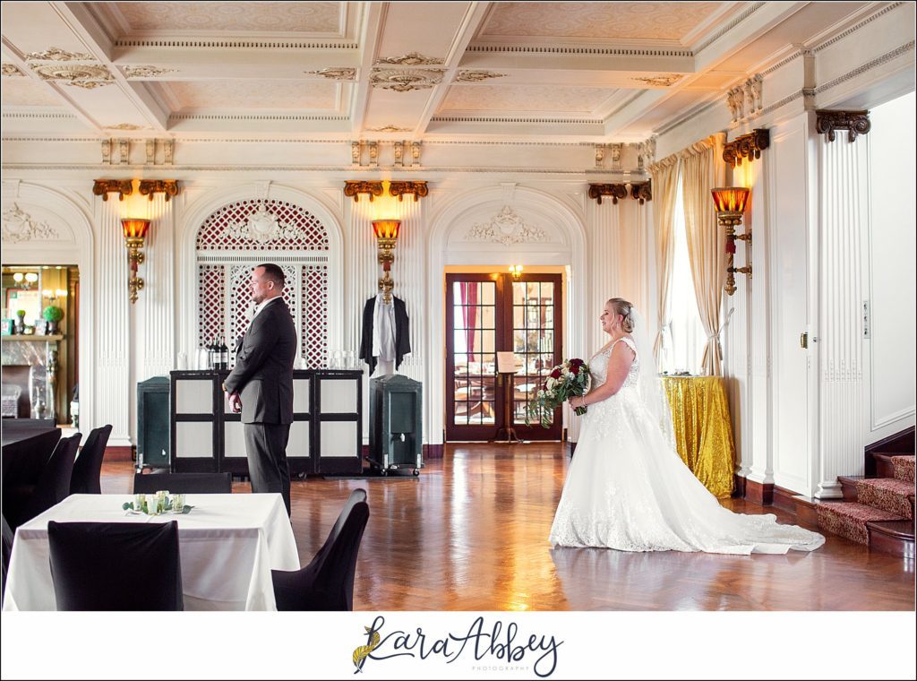 Maroon Fairy Tail Fall Wedding at Linden Hall Mansion in Dawson, PA - First Look Between Bride & Groom