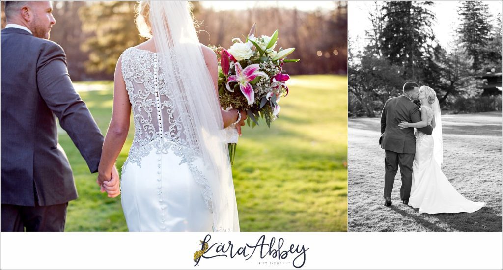 Purple & Grey Fall Wedding Pictures at Green Gables Jennerstown PA - Bride & Groom Newlywed Portraits at Golden Hour on the Lawn