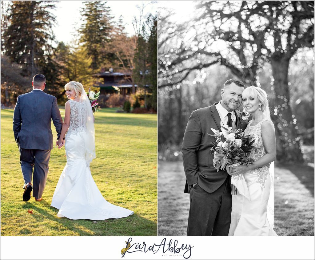 Purple & Grey Fall Wedding Pictures at Green Gables Jennerstown PA - Bride & Groom Newlywed Portraits at Golden Hour on the Lawn