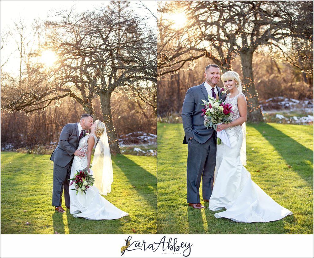 Purple & Grey Fall Wedding Pictures at Green Gables Jennerstown PA - Bride & Groom Newlywed Portraits at Golden Hour on the Lawn