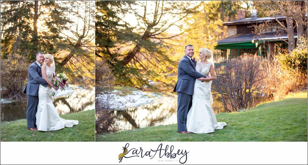 Purple & Grey Fall Wedding Pictures at Green Gables Jennerstown PA - Bride & Groom Newlywed Portraits at Golden Hour on the Lawn