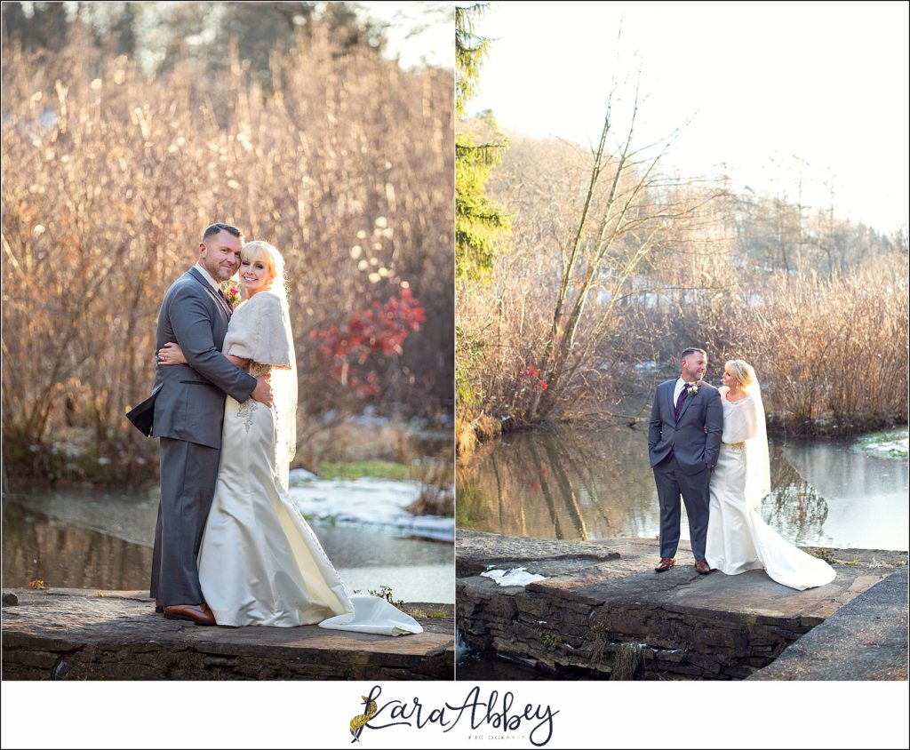Purple & Grey Fall Wedding Pictures at Green Gables Jennerstown PA - Bride & Groom Newlywed Portraits at Golden Hour on the Dam with the Waterfall