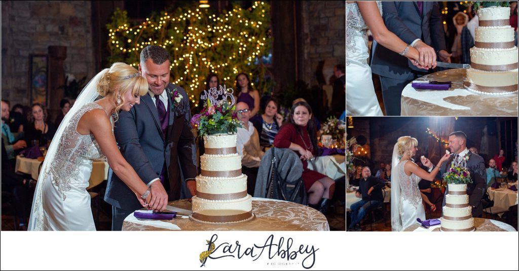 Purple & Grey Fall Wedding Pictures at Green Gables Jennerstown PA - Cutting the Cake