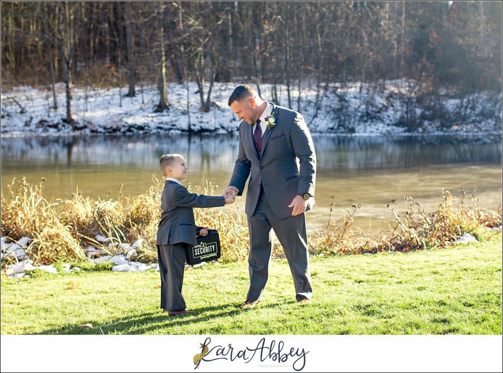 Purple & Grey Fall Wedding Pictures at Green Gables Jennerstown PA - Groom & Ringbearer Portrait