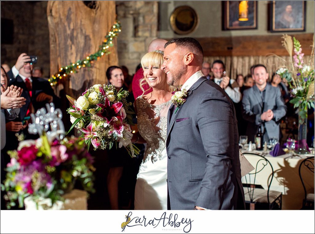 Purple & Grey Fall Wedding Pictures at Green Gables Jennerstown PA - Grand Entrance into the Reception as Newlyweds