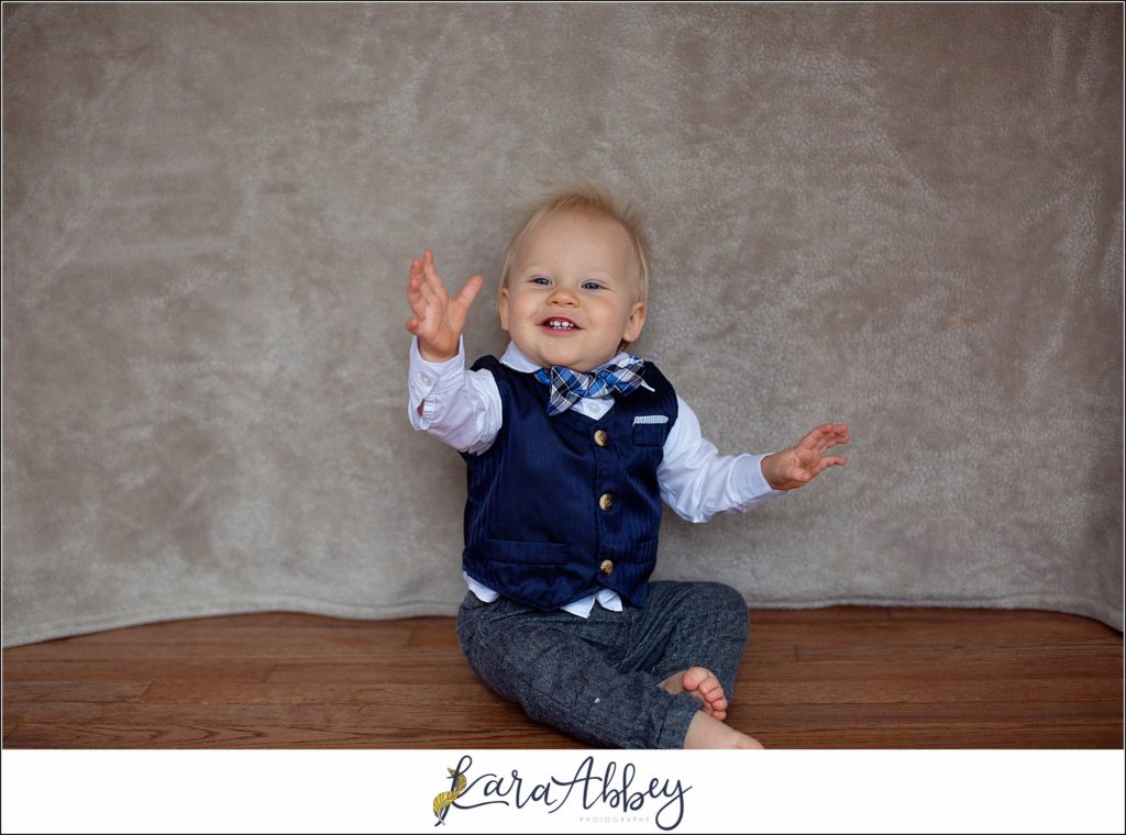 Leander Roxas 12 Month Old Milestone Photos in Irwin, PA - 1 Year Old Portraits in a Navy Vest & Bowtie