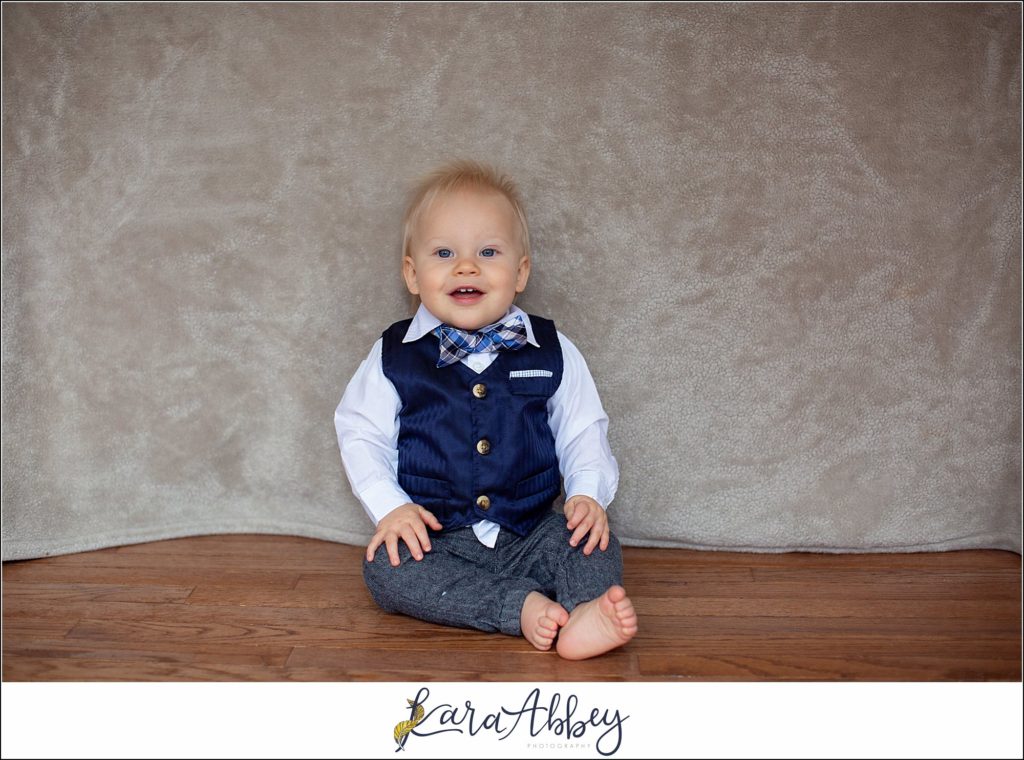 Leander Roxas 12 Month Old Milestone Photos in Irwin, PA - 1 Year Old Portraits in a Navy Vest & Bowtie