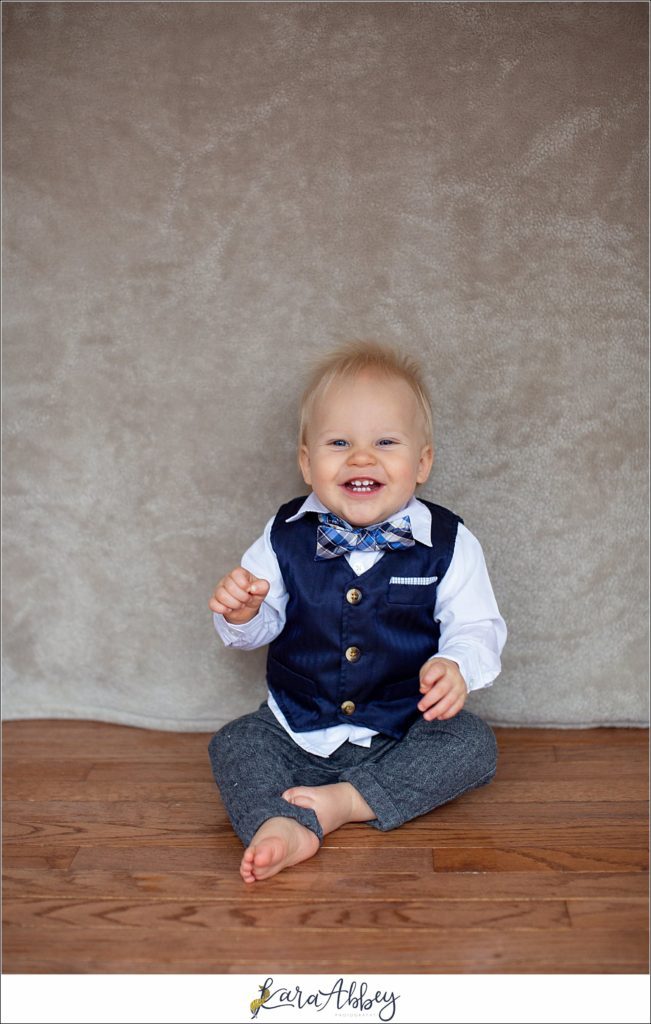 Leander Roxas 12 Month Old Milestone Photos in Irwin, PA - 1 Year Old Portraits in a Navy Vest & Bowtie