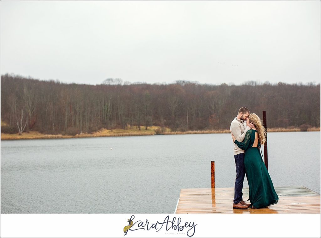 Cold Rainy Engagement Session on Family Property along a Lake in Pennsylvania by Kara Abbey Photography