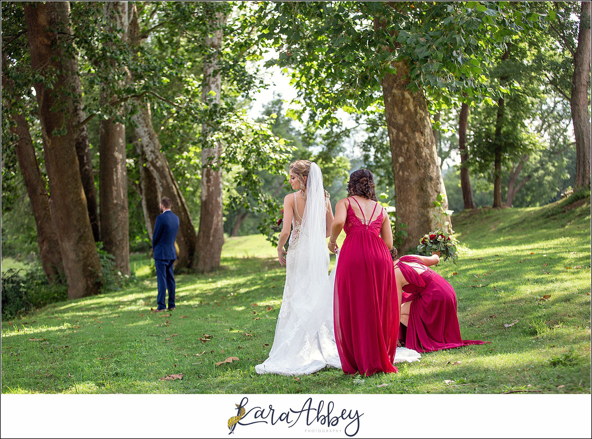 Backyard Red and Navy Summer Wedding on Private Property in PA - First Look