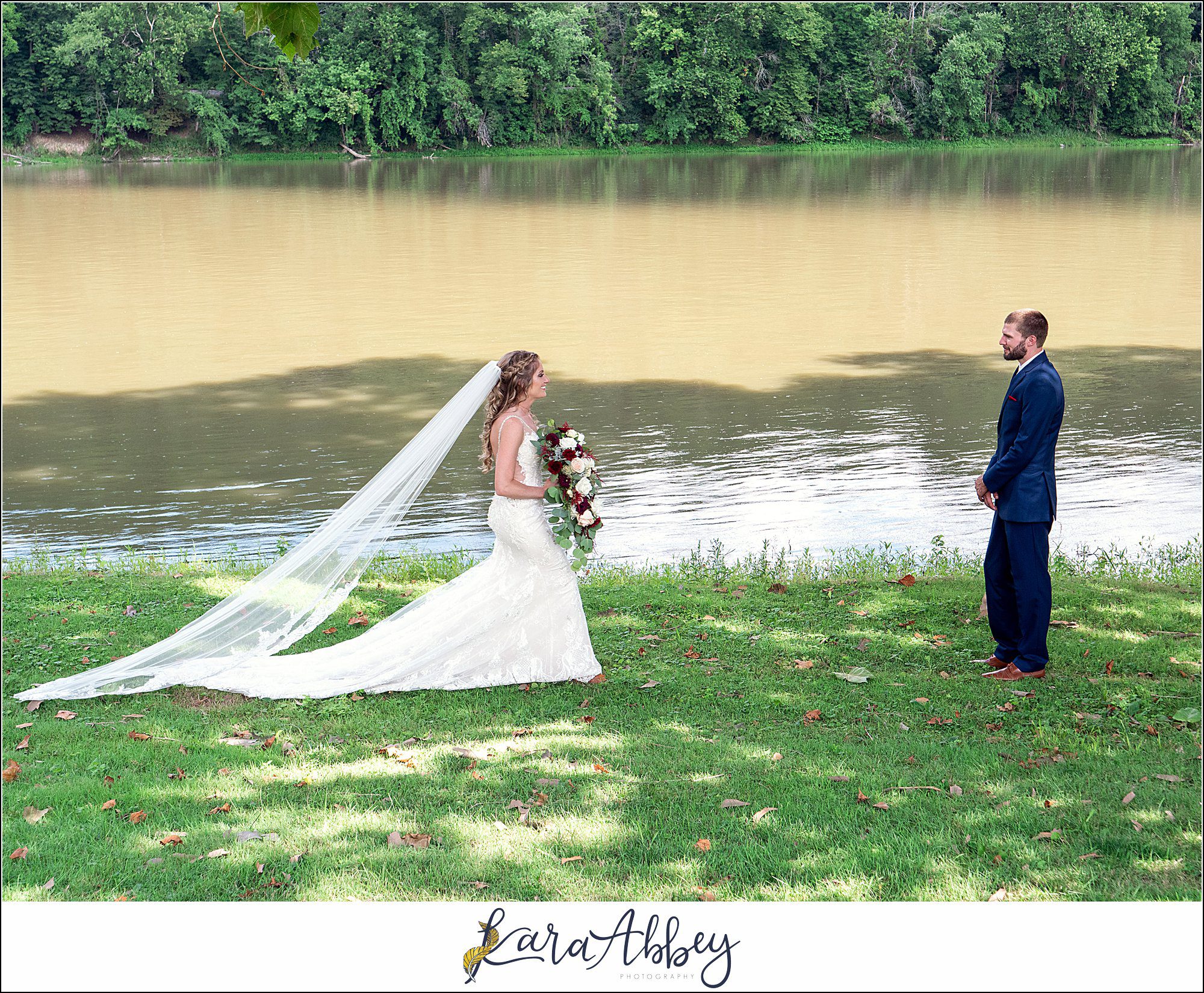 Backyard Red and Navy Summer Wedding on Private Property in PA - First Look