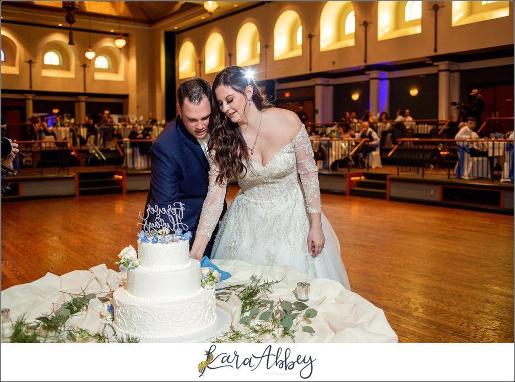 Dusty Blue Summer Wedding Reception at the Pittsburgh Shrine Center in Cheswick, PA - Cutting the Cake