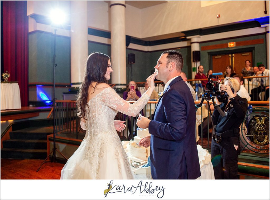 Dusty Blue Summer Wedding Reception at the Pittsburgh Shrine Center in Cheswick, PA - Cutting the Cake