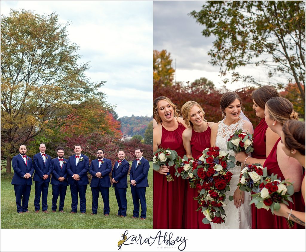 Burgundy & Navy Fall Wedding in Johnstown, PA - Bride & Groom & Bridal Party Portraits at Sandyville Memorial Gardens