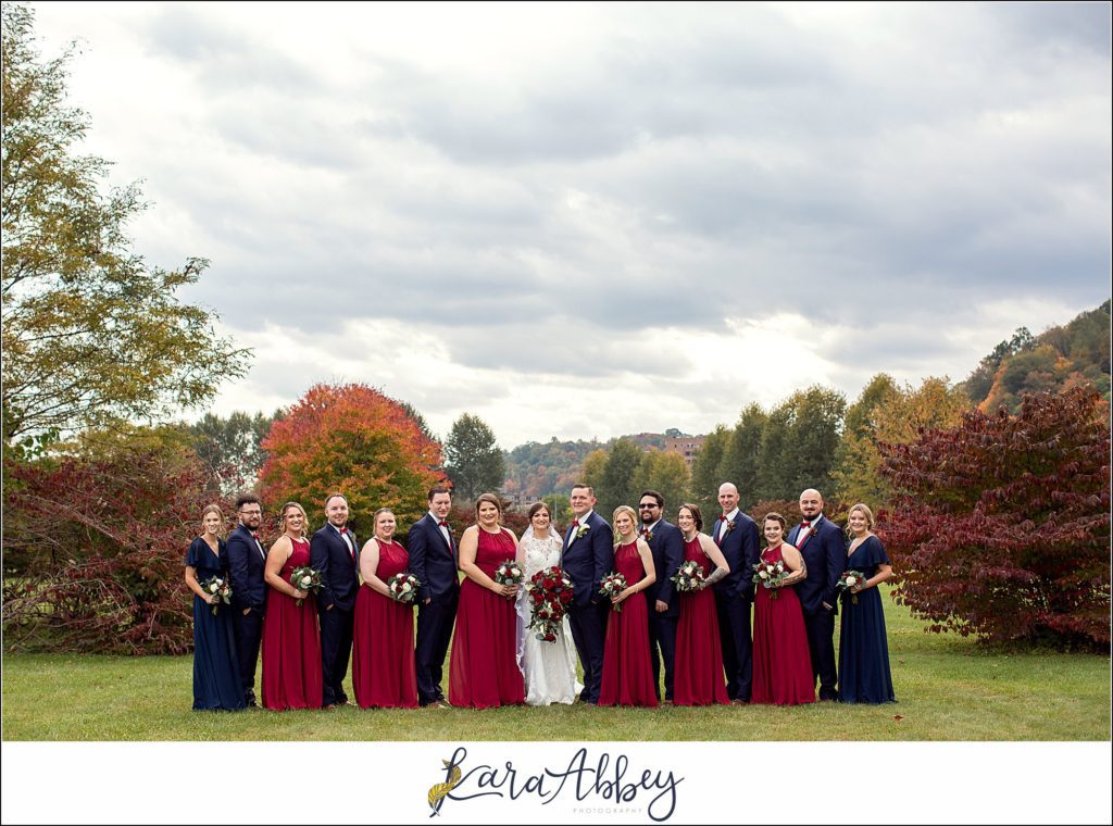 Burgundy & Navy Fall Wedding in Johnstown, PA - Bride & Groom & Bridal Party Portraits at Sandyville Memorial Gardens