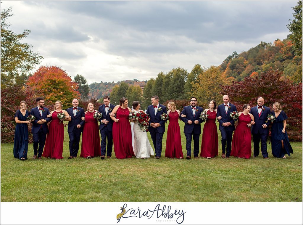 Burgundy & Navy Fall Wedding in Johnstown, PA - Bride & Groom & Bridal Party Portraits at Sandyville Memorial Gardens