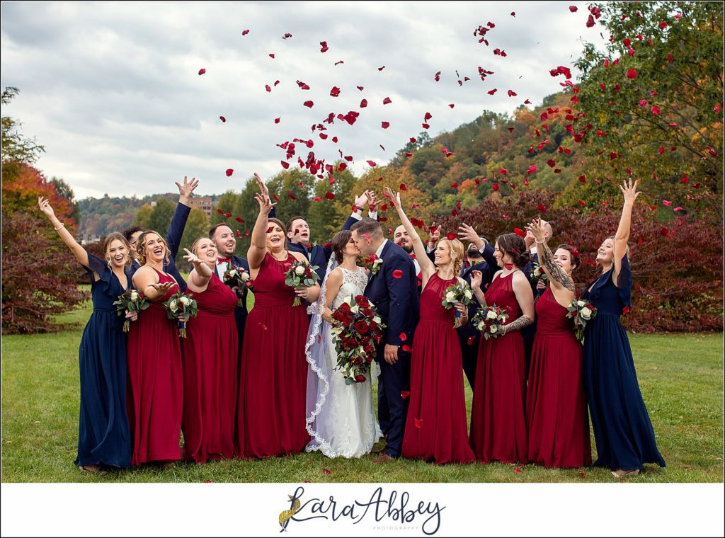 Burgundy & Navy Fall Wedding in Johnstown, PA - Bride & Groom & Bridal Party Portraits at Sandyville Memorial Gardens
