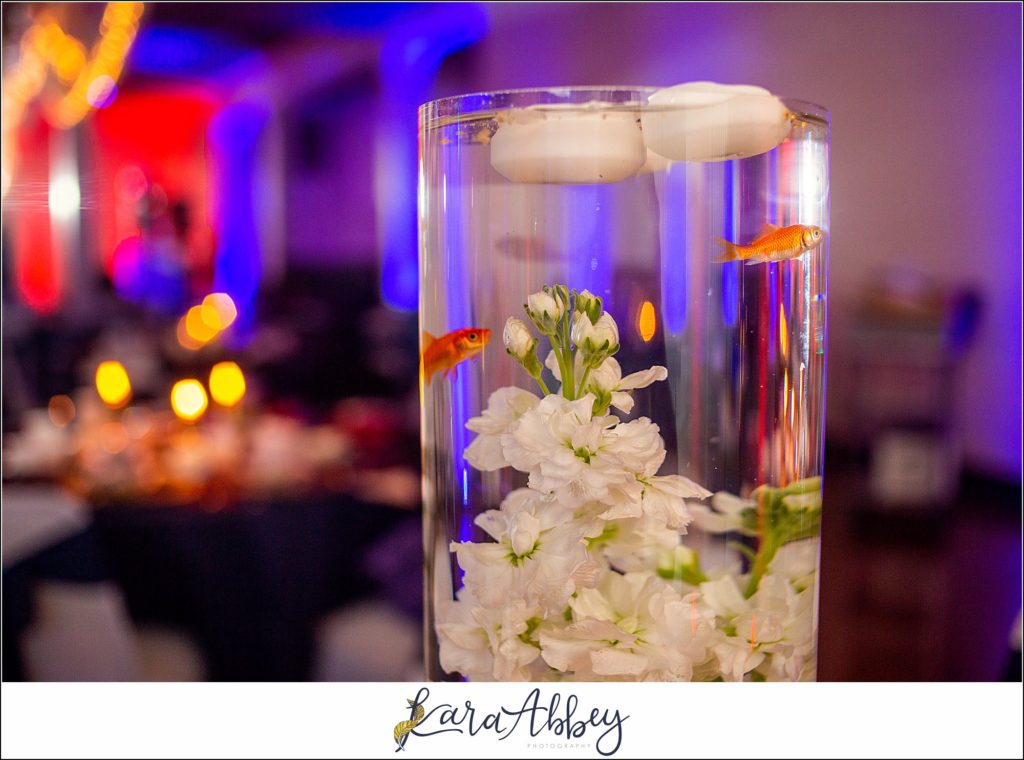 Burgundy & Navy Fall Wedding in Johnstown, PA - Reception at The Johnstown Masonic Temple - Centerpieces with Fish in them