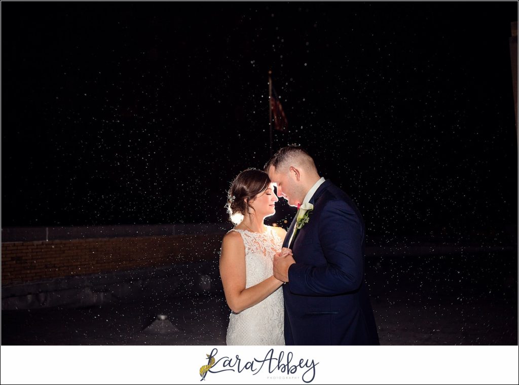 Burgundy & Navy Fall Wedding in Johnstown, PA - Reception at The Johnstown Masonic Temple - Rooftop Night Portraits in the Rain