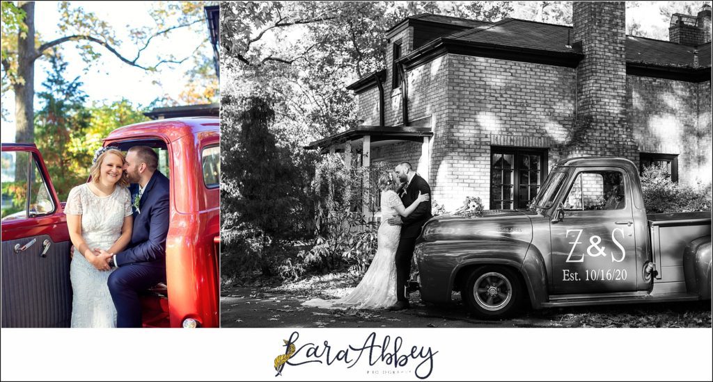 Fall Wedding at Succop Nature Park in Butler, PA Bride & Groom Portraits Post-Ceremony with Antique Truck