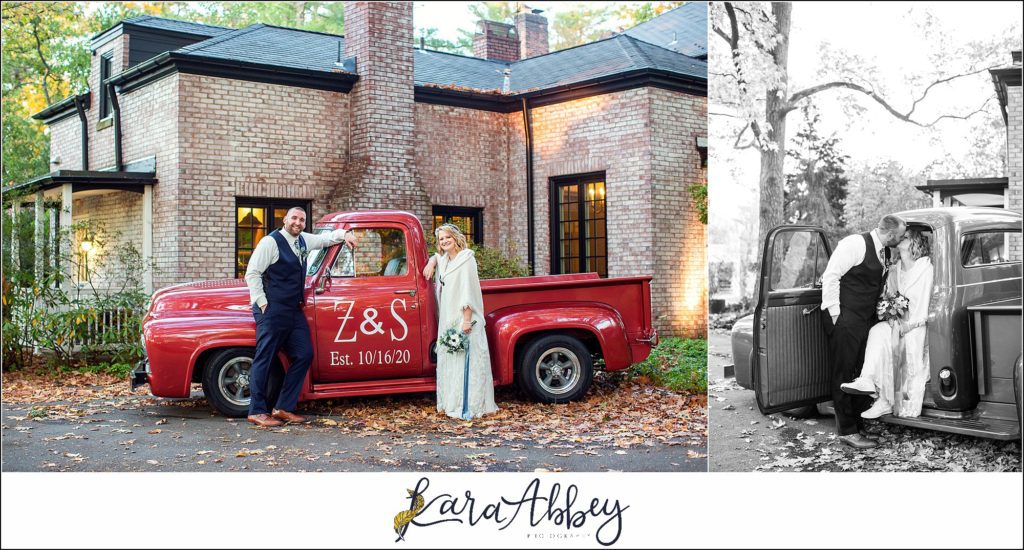 Fall Wedding at Succop Nature Park in Butler, PA Bride & Groom Portraits Post-Ceremony with Antique Truck