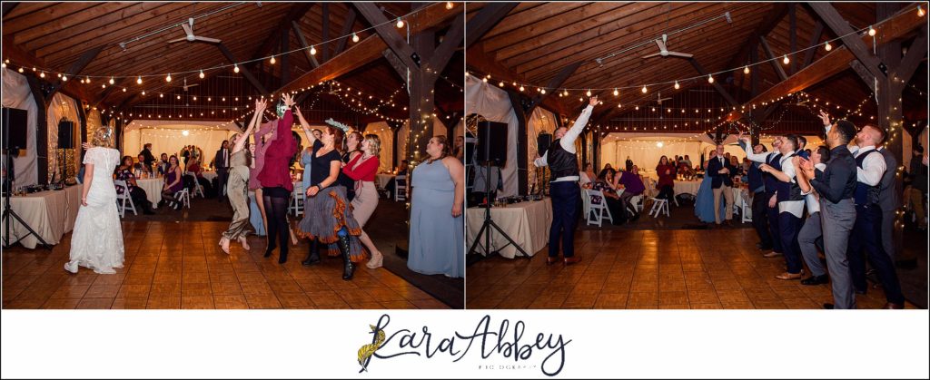 Fall Wedding at Succop Nature Park in Butler, PA Reception Bouquet & Garter Toss